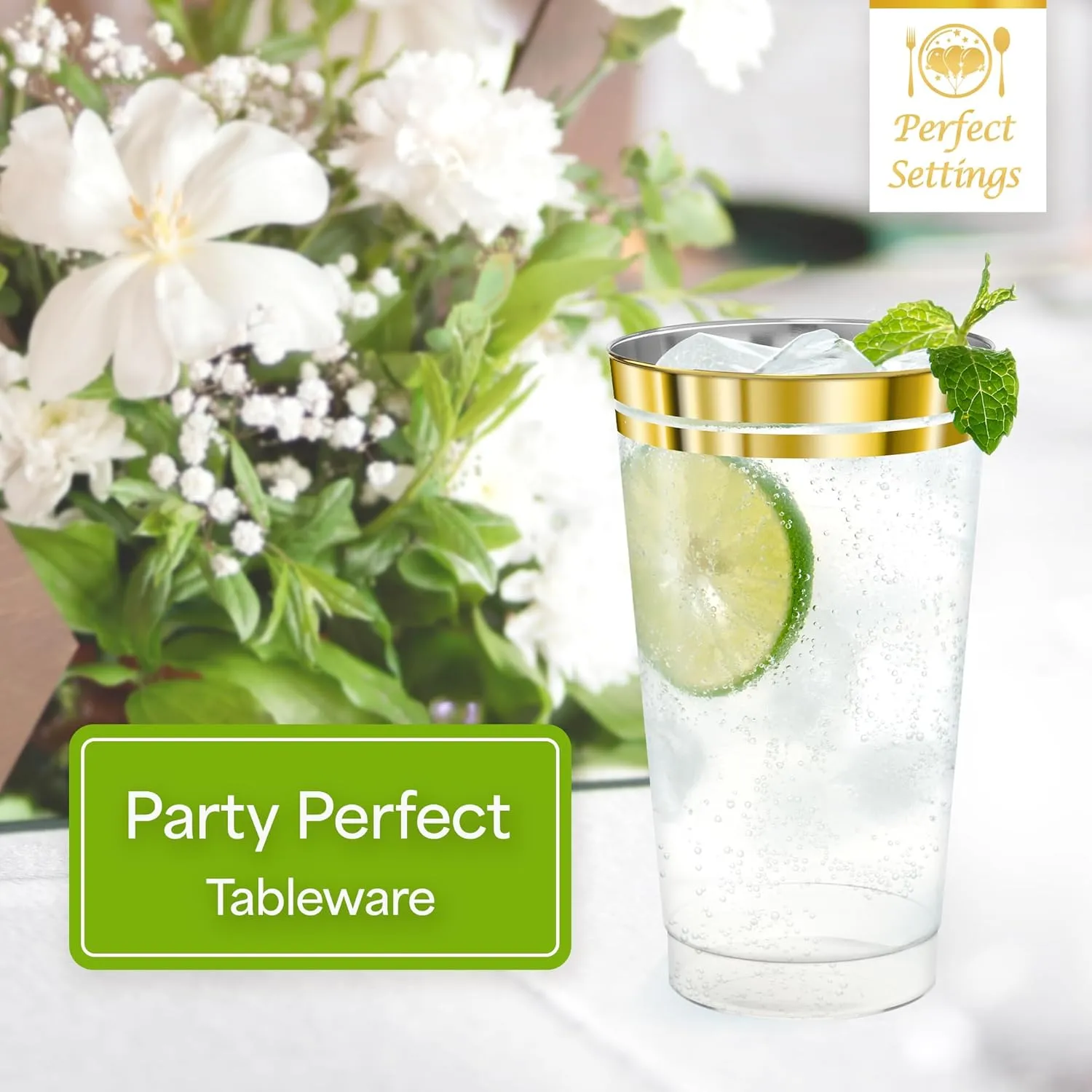 Perfect Settings Gold Rimmed Disposable Plastic Cups, Clear Hard Plastic Drinking Glasses for Cold Beverages & Cocktails, BPA-FREE, Disposable Wedding Cups, 16 oz. (Pack of 100)