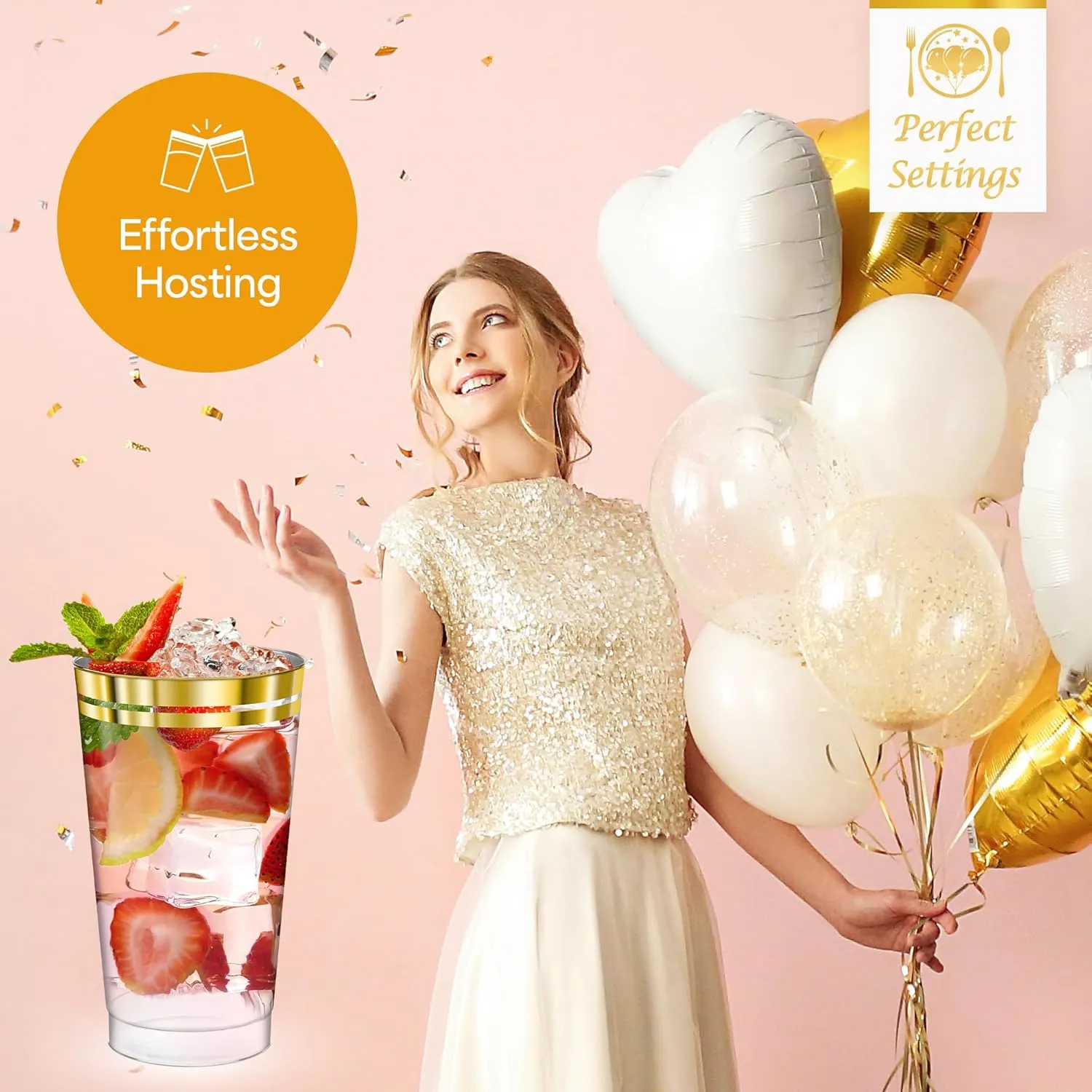 Perfect Settings Gold Rimmed Disposable Plastic Cups, Clear Hard Plastic Drinking Glasses for Cold Beverages & Cocktails, BPA-FREE, Disposable Wedding Cups, 16 oz. (Pack of 100)