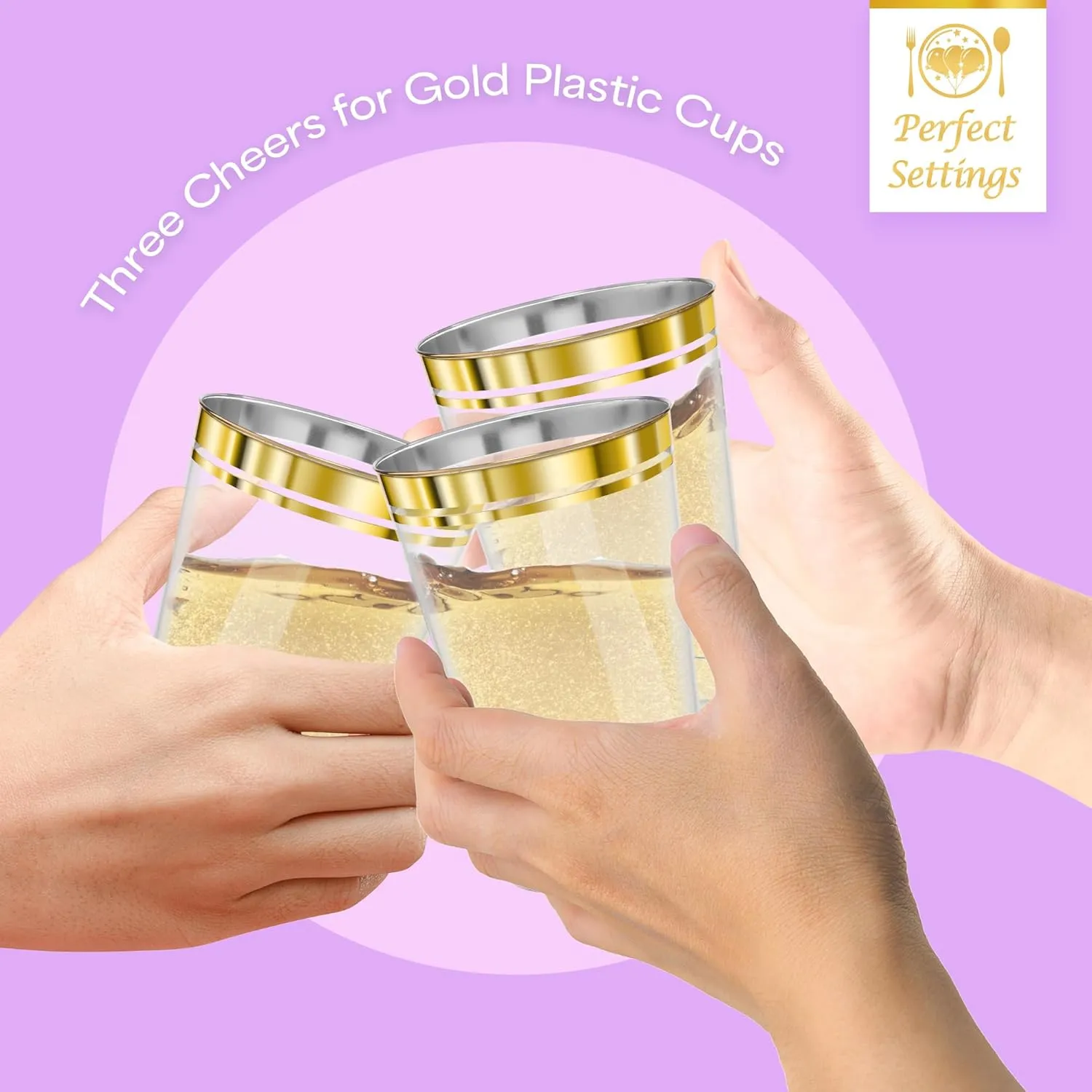 Perfect Settings Gold Rimmed Disposable Plastic Cups, Clear Hard Plastic Drinking Glasses for Cold Beverages & Cocktails, BPA-FREE, Disposable Wedding Cups, 16 oz. (Pack of 100)