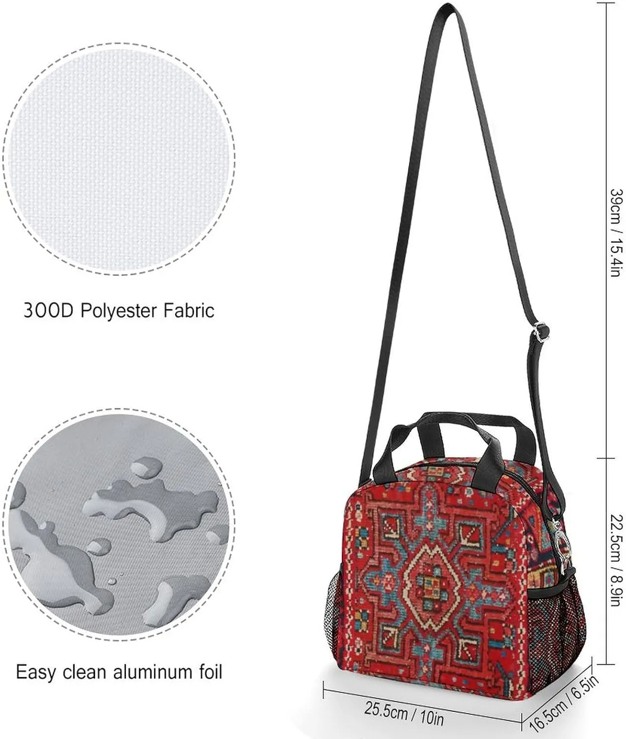 Persian Rug Design Reusable Large Capacity Insulated Crossbody Lunch Bag