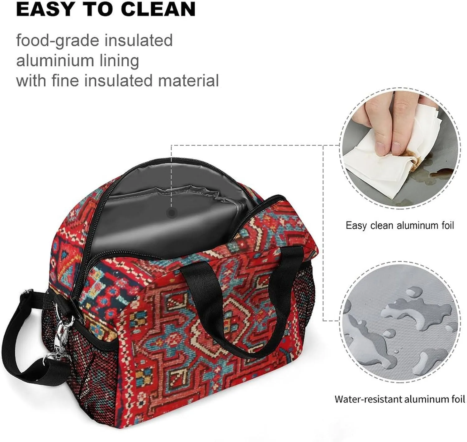 Persian Rug Design Reusable Large Capacity Insulated Crossbody Lunch Bag