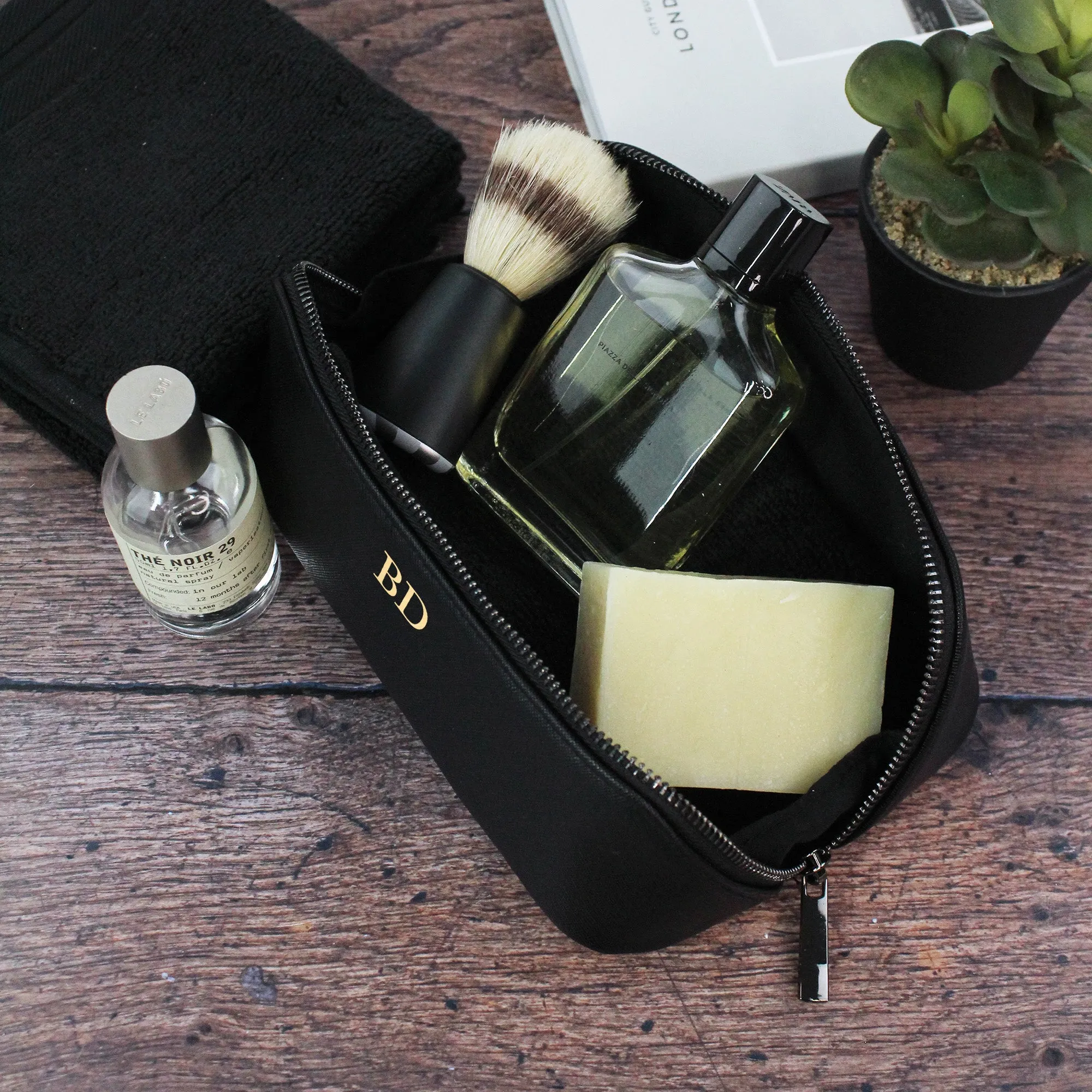 Personalised Black Men’s Wash Bag Set with Black Zip Detail