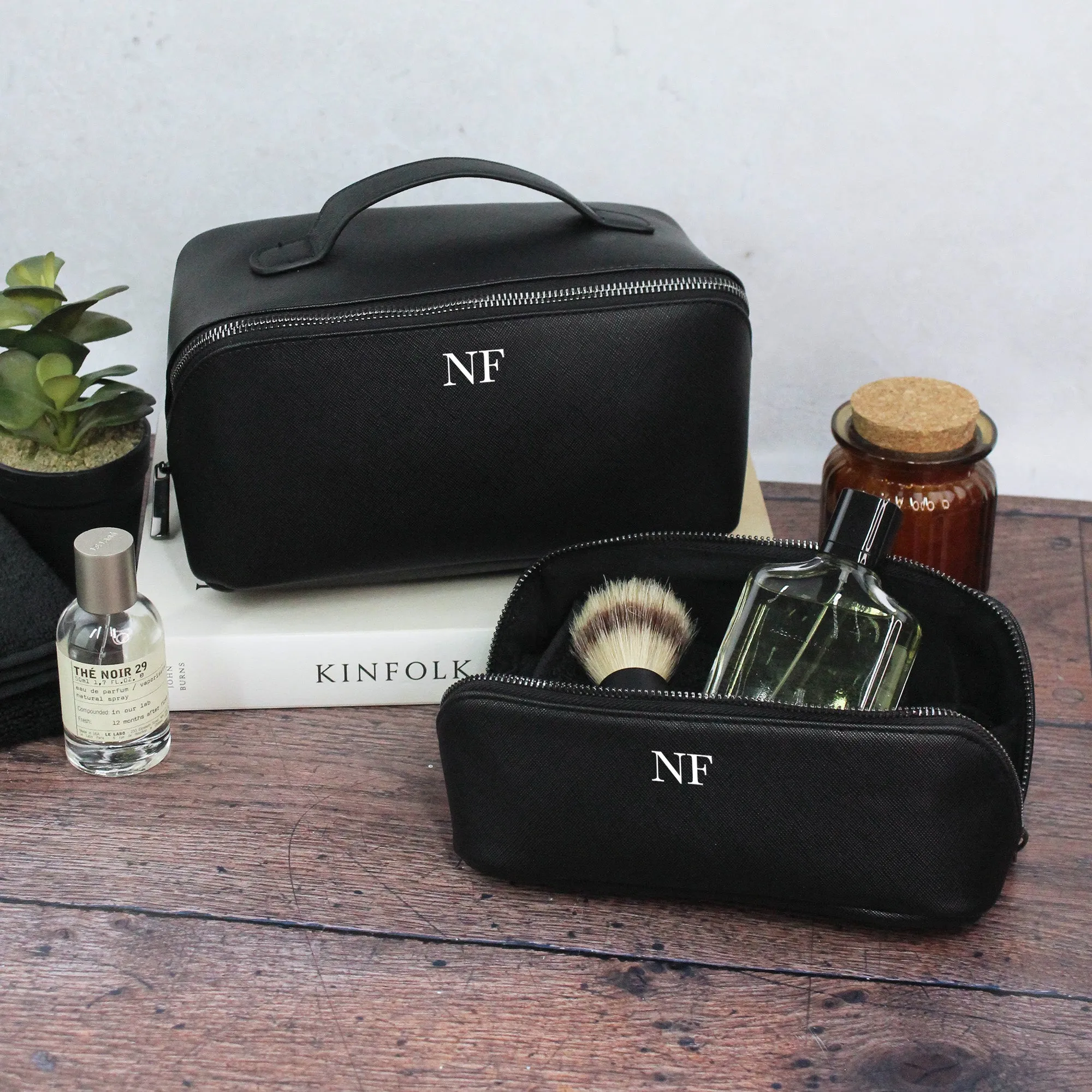 Personalised Black Men’s Wash Bag Set with Black Zip Detail