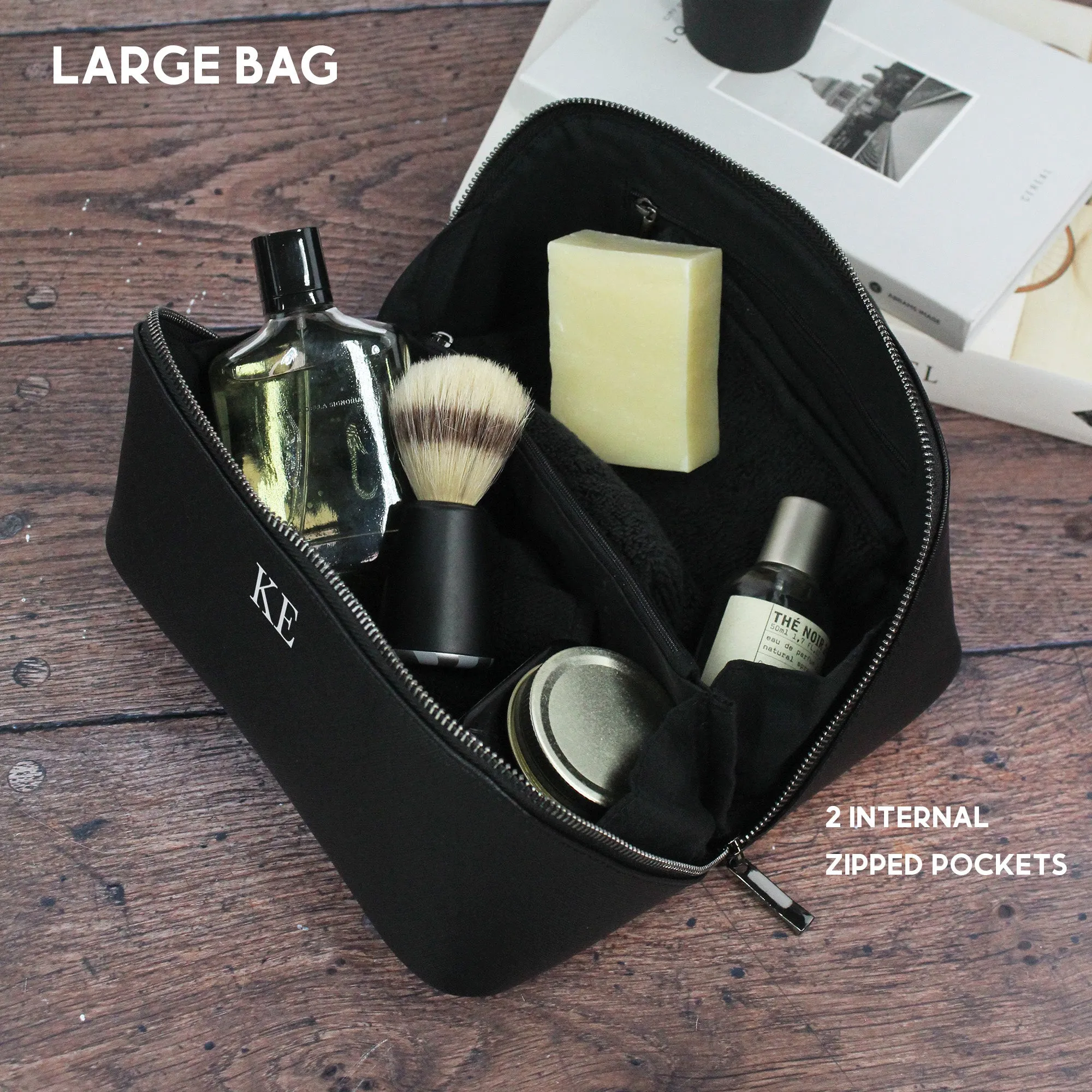 Personalised Black Men’s Wash Bag Set with Black Zip Detail