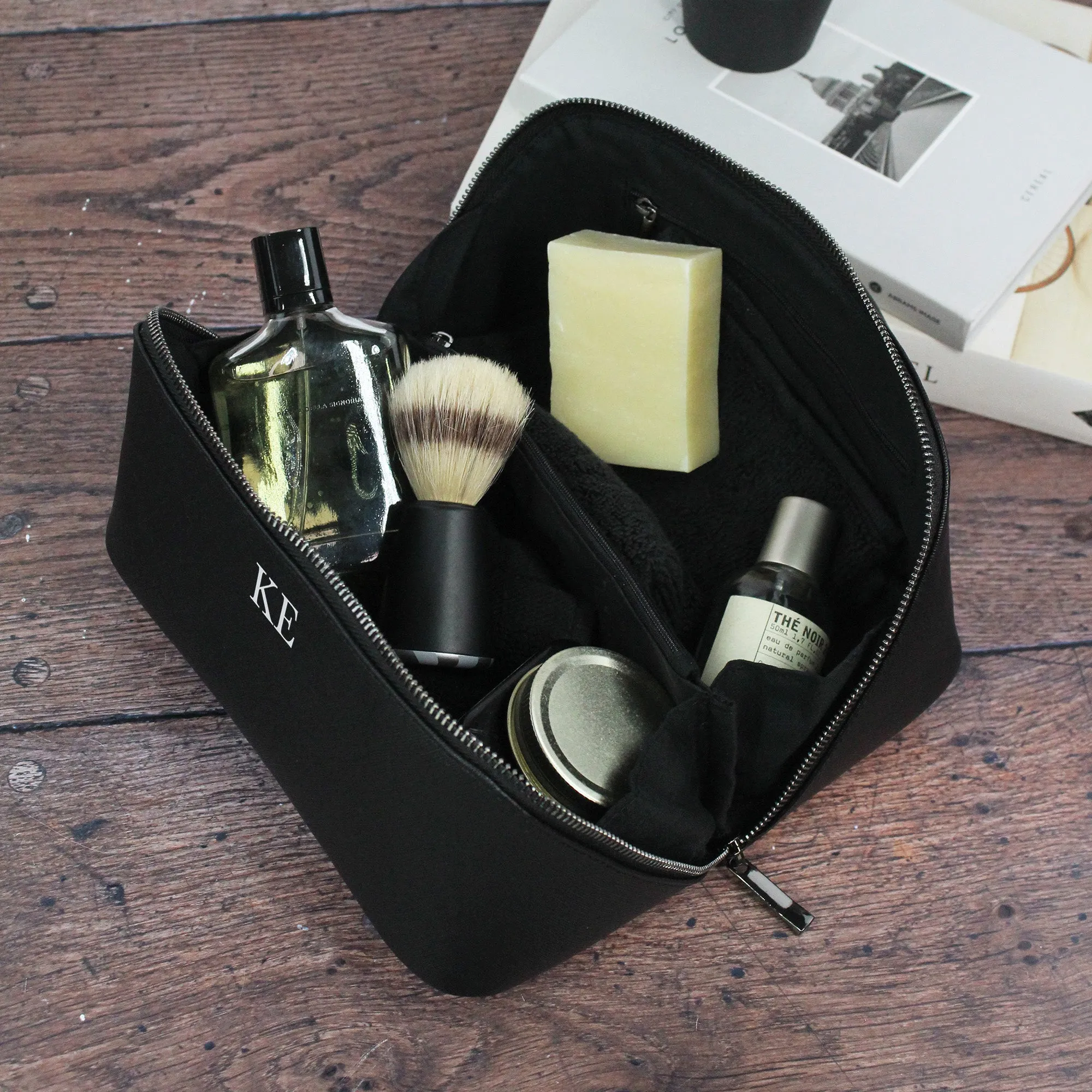Personalised Black Men’s Wash Bag Set with Black Zip Detail