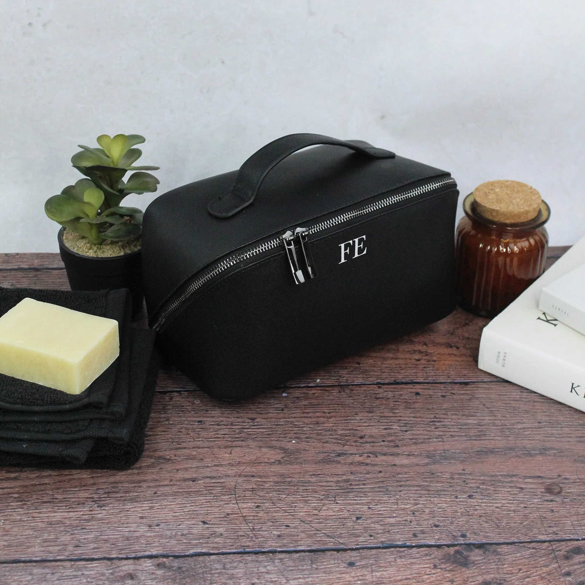 Personalised Black Men’s Wash Bag Set with Black Zip Detail
