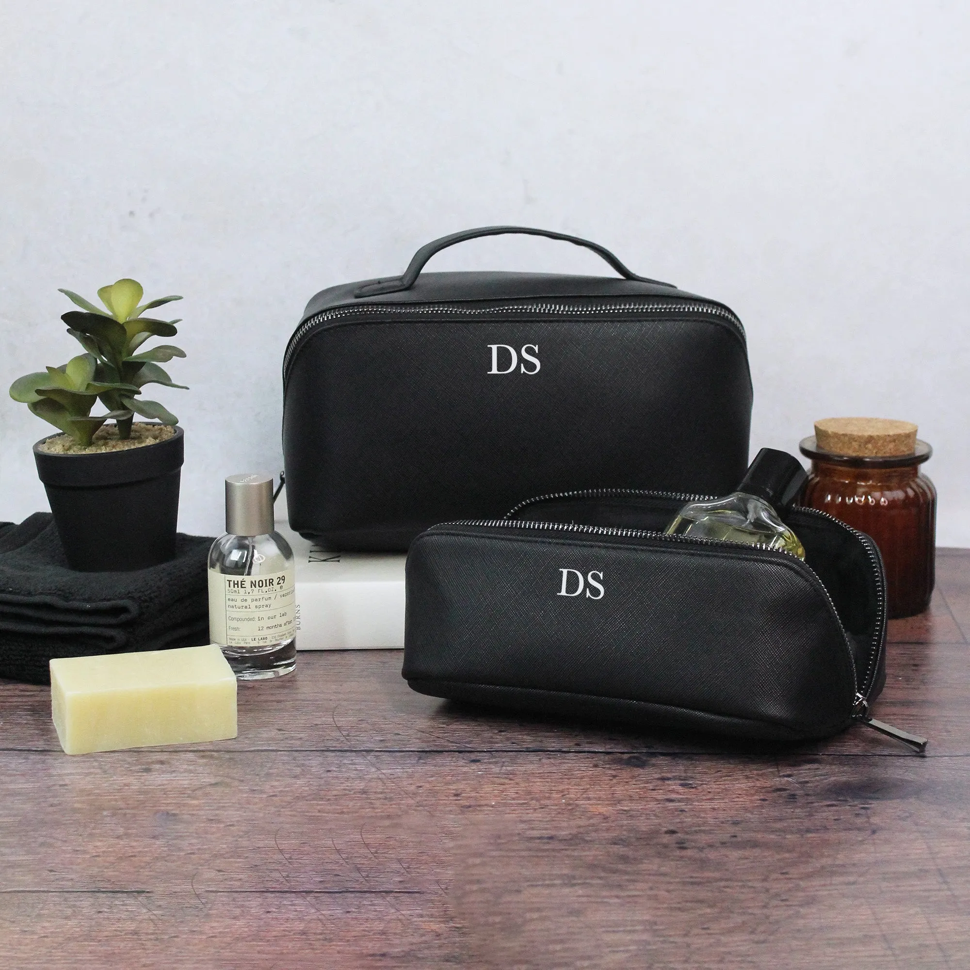 Personalised Black Men’s Wash Bag Set with Black Zip Detail