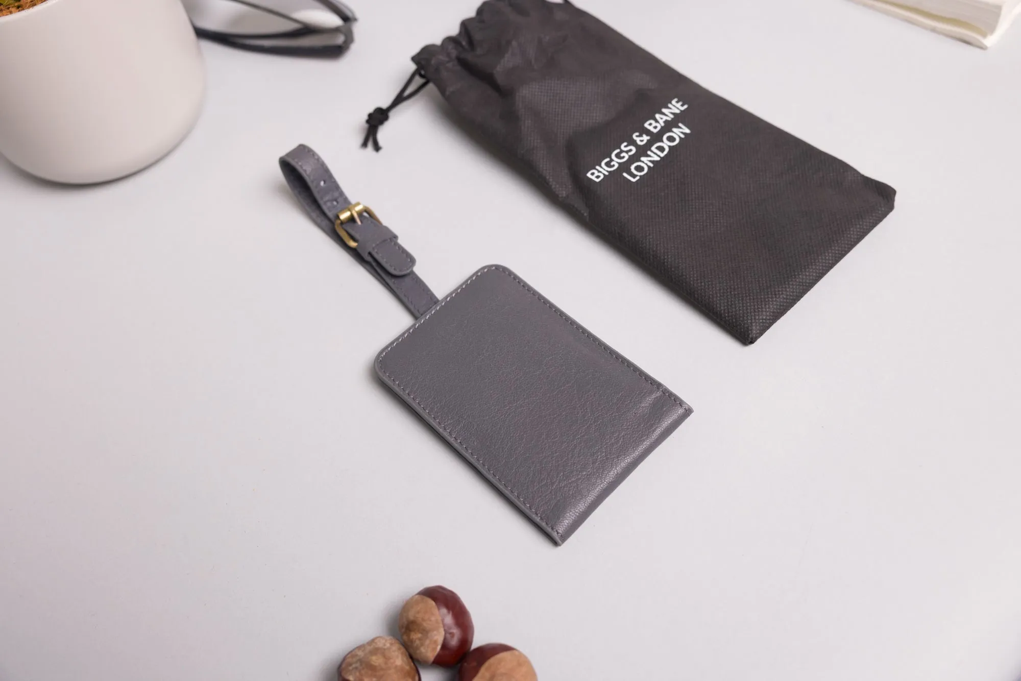 Personalised Engraved Grey Leather Luggage Tag