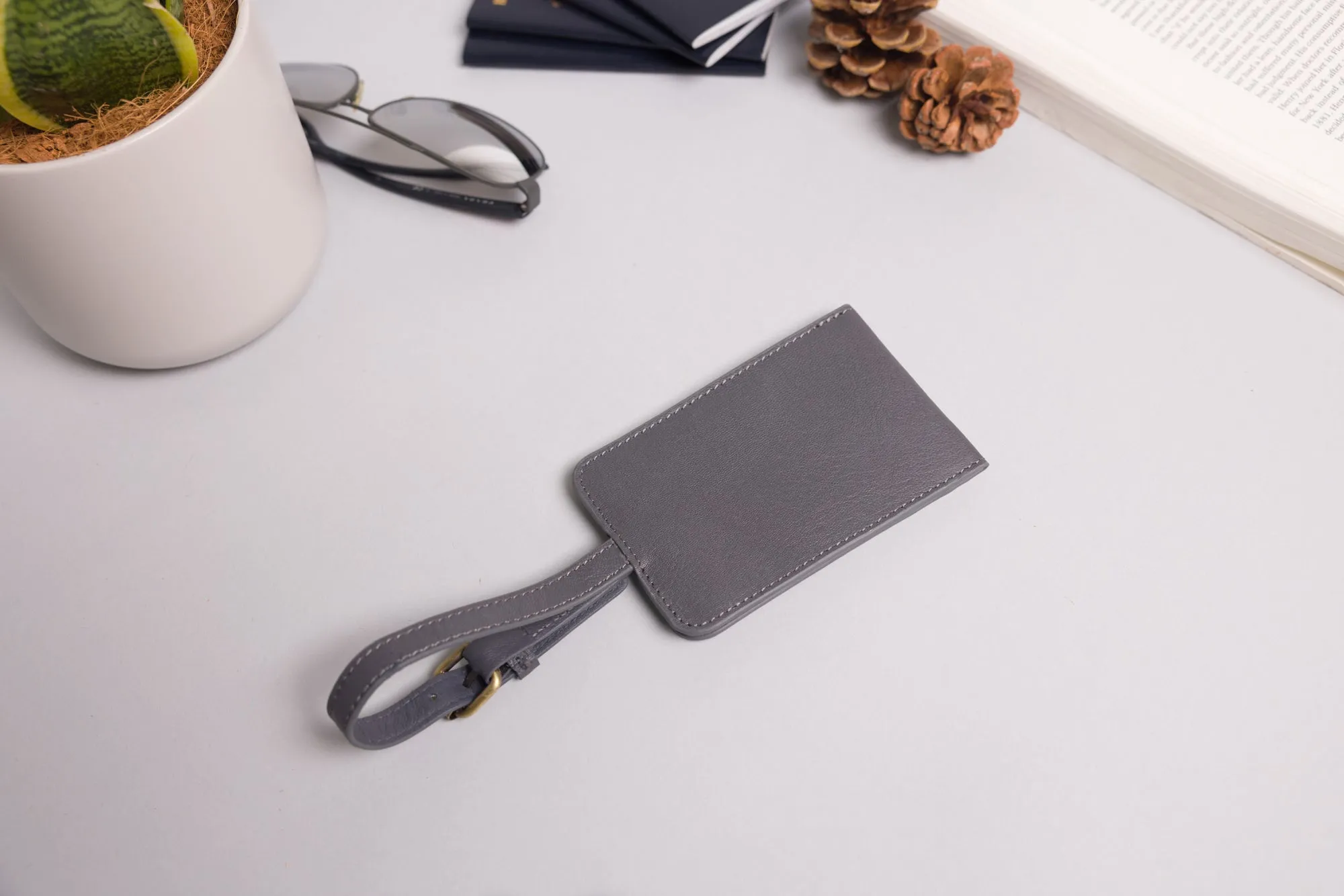 Personalised Engraved Grey Leather Luggage Tag