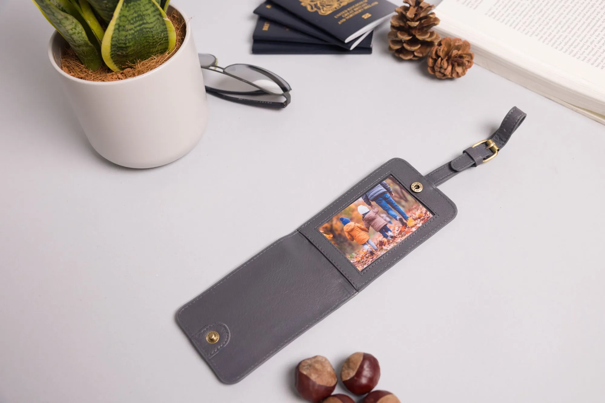 Personalised Engraved Grey Leather Luggage Tag
