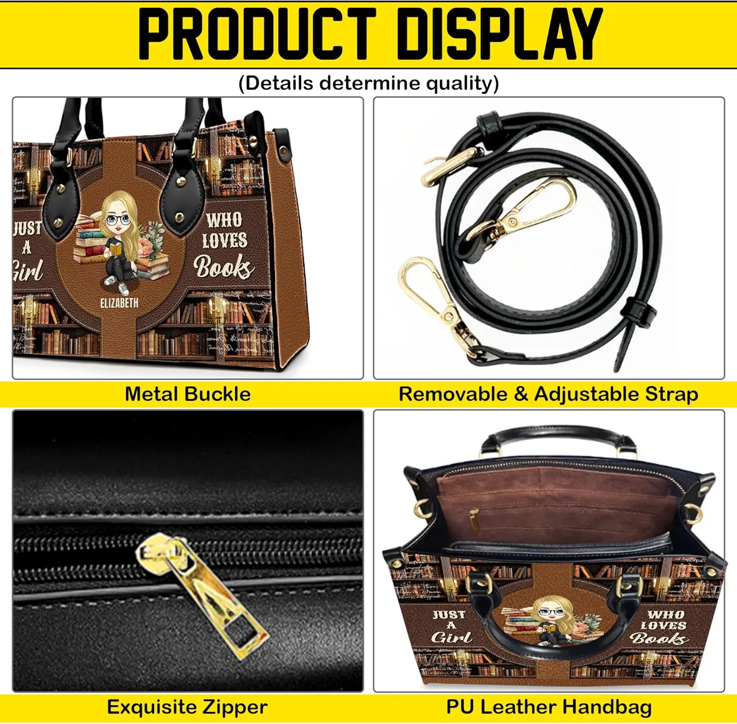 Personalized Book Lover Leather Bag, Just A Girl Who Loves Book Handbag With Name, Books Purse, Gifts For Readers, Writer