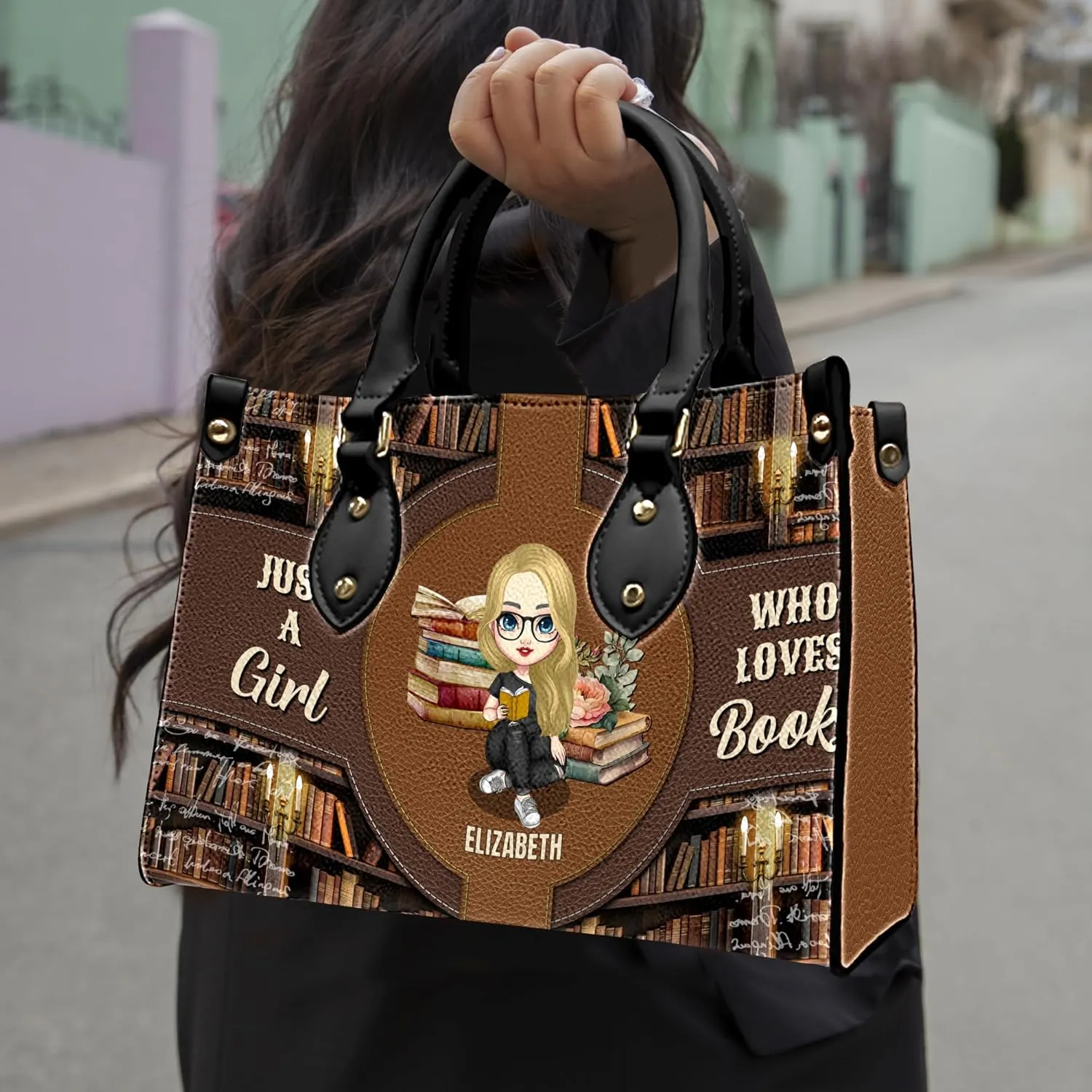 Personalized Book Lover Leather Bag, Just A Girl Who Loves Book Handbag With Name, Books Purse, Gifts For Readers, Writer
