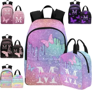 Personalized Butterfly Backpack for Kids, Custom Sparkle Backpack for Girls, Customized Girls Bookbag with Lunch Box Elementary School Casual Daypack for Students Back to School