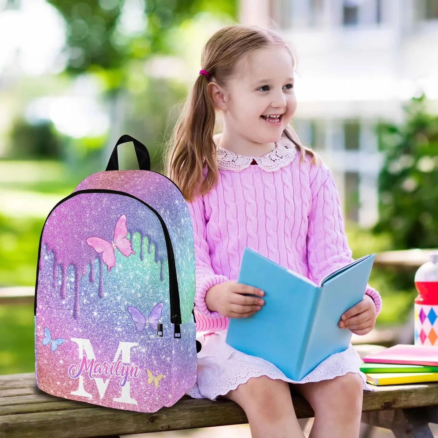Personalized Butterfly Backpack for Kids, Custom Sparkle Backpack for Girls, Customized Girls Bookbag with Lunch Box Elementary School Casual Daypack for Students Back to School