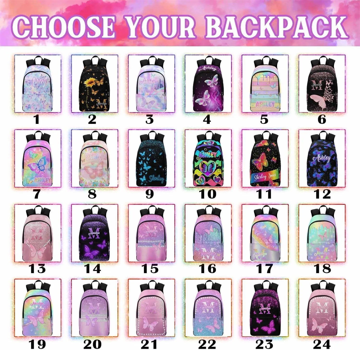Personalized Butterfly Backpack for Kids, Custom Sparkle Backpack for Girls, Customized Girls Bookbag with Lunch Box Elementary School Casual Daypack for Students Back to School