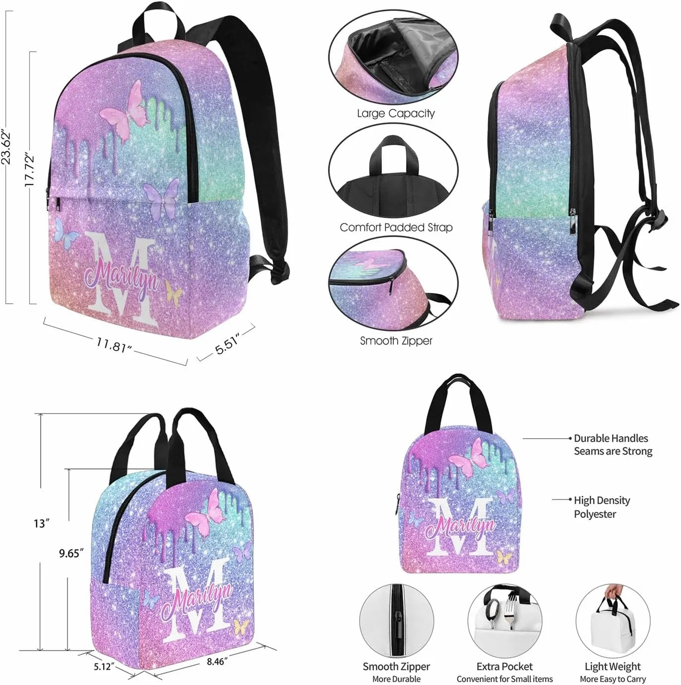 Personalized Butterfly Backpack for Kids, Custom Sparkle Backpack for Girls, Customized Girls Bookbag with Lunch Box Elementary School Casual Daypack for Students Back to School