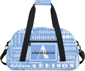 Personalized Duffel Bag Cheerleading Dance Bag Custom Name Text Sport Gym Bags Travel Weekend Travel Bag Overnight Bag for Women/Men, Sky Blue
