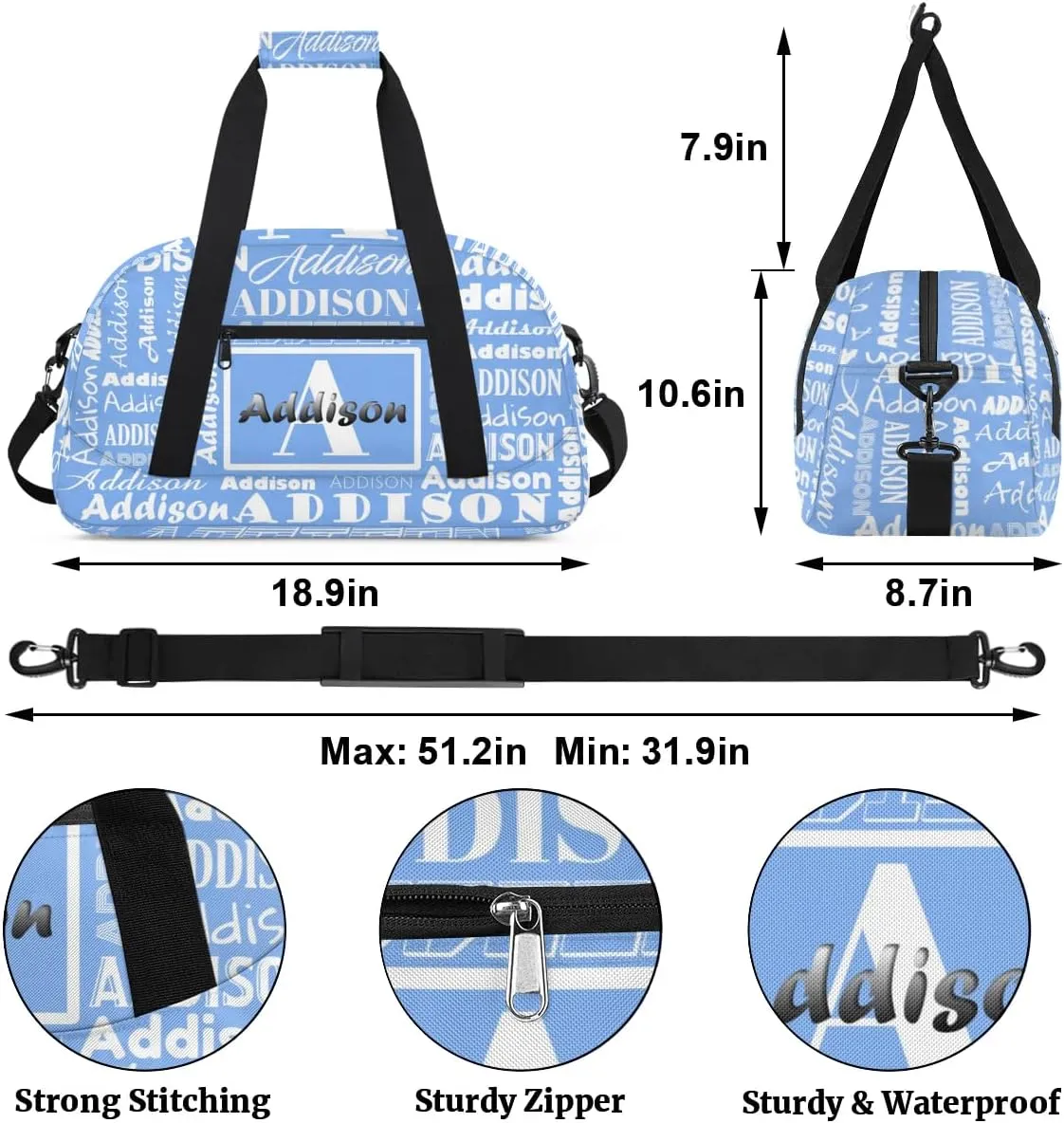 Personalized Duffel Bag Cheerleading Dance Bag Custom Name Text Sport Gym Bags Travel Weekend Travel Bag Overnight Bag for Women/Men, Sky Blue