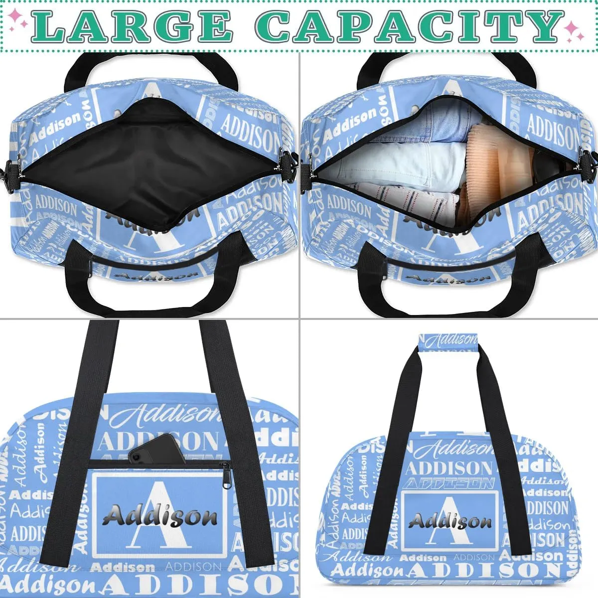 Personalized Duffel Bag Cheerleading Dance Bag Custom Name Text Sport Gym Bags Travel Weekend Travel Bag Overnight Bag for Women/Men, Sky Blue