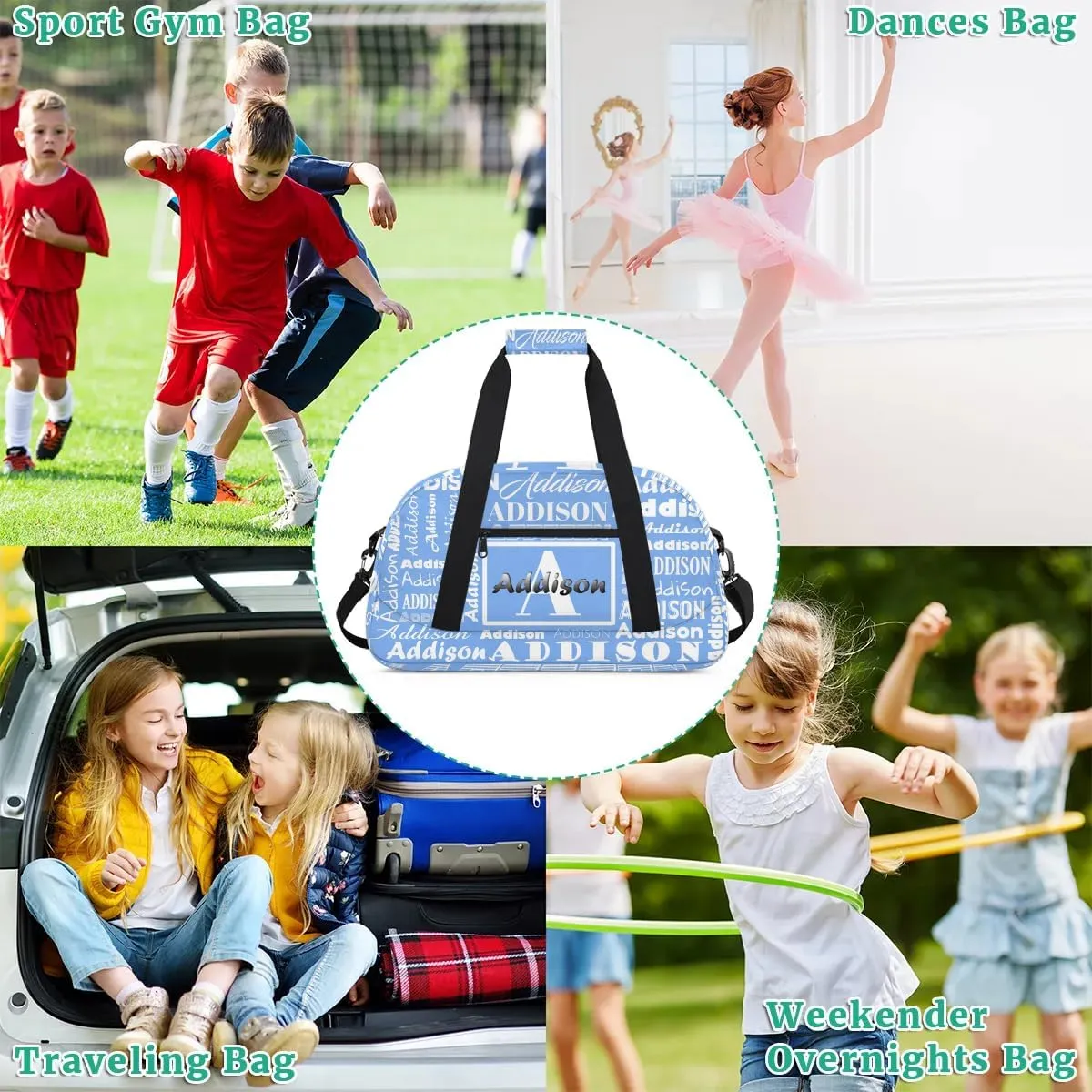 Personalized Duffel Bag Cheerleading Dance Bag Custom Name Text Sport Gym Bags Travel Weekend Travel Bag Overnight Bag for Women/Men, Sky Blue