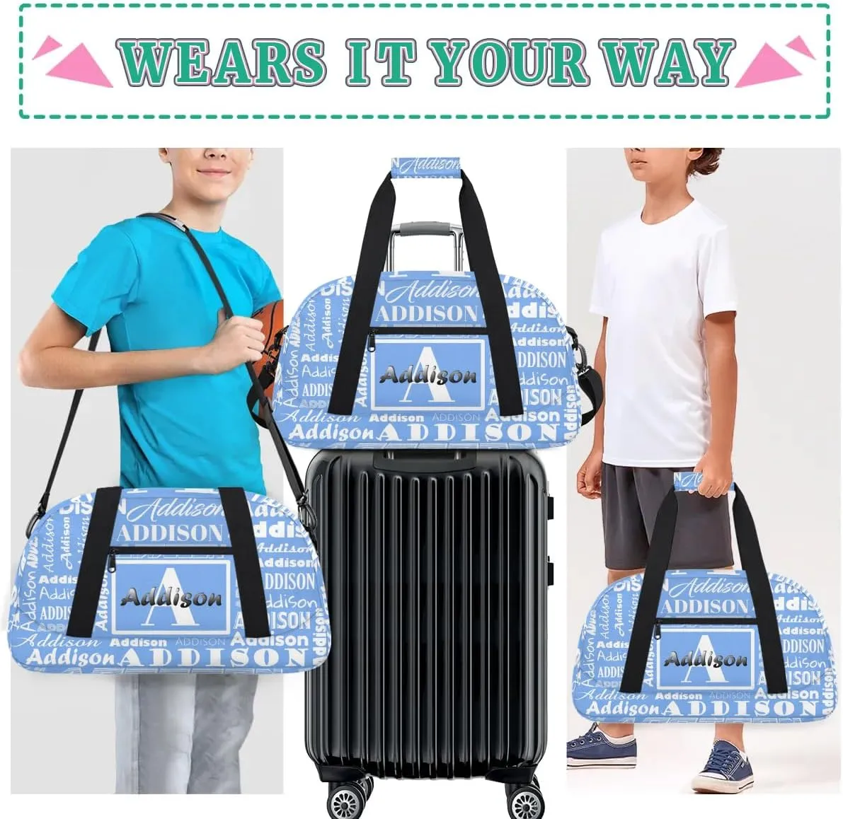 Personalized Duffel Bag Cheerleading Dance Bag Custom Name Text Sport Gym Bags Travel Weekend Travel Bag Overnight Bag for Women/Men, Sky Blue