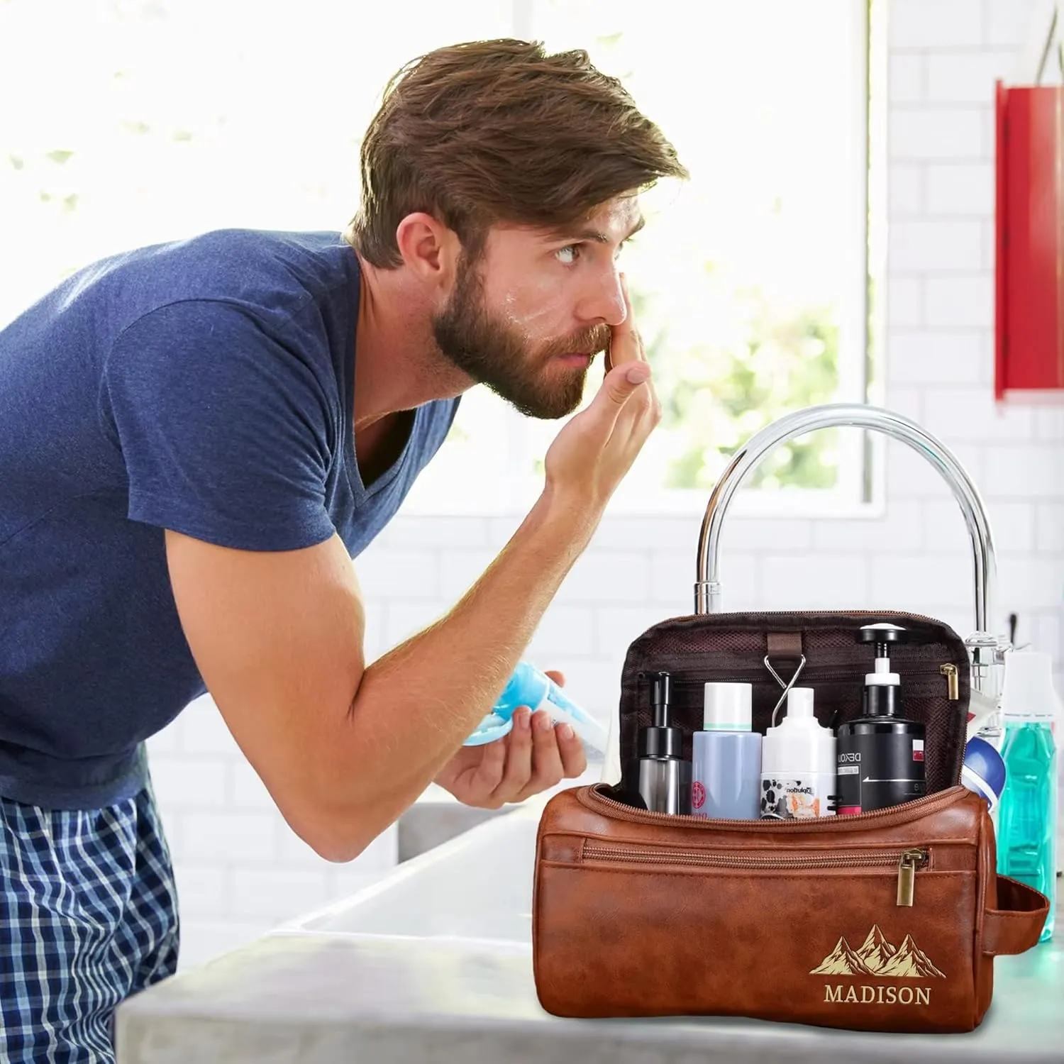 Personalized Father's Day Unique Gifts for Dad, Engraved Name Initials Custom Travel Toiletry Bag for Men, Birthday Gifts for Husband from Wife, Personalized Leather Toiletry Bag for Men Dad Grandpa