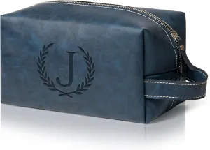 Personalized Gifts Travel Toiletry Bag for Men Engraved Initial PU Leather Waterproof Shaving Bag for Toiletries Accessories Fathers Day Birthday Gift for Men Dad Husband Son, Dark Blue J