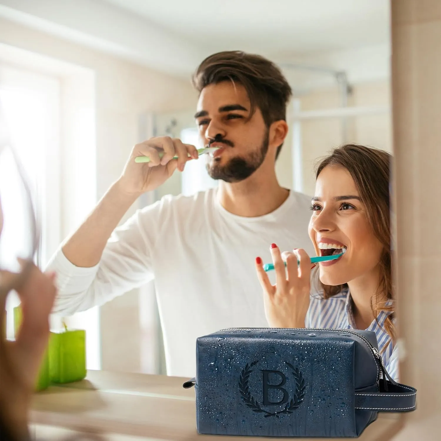 Personalized Gifts Travel Toiletry Bag for Men Engraved Initial PU Leather Waterproof Shaving Bag for Toiletries Accessories Fathers Day Birthday Gift for Men Dad Husband Son, Dark Blue J