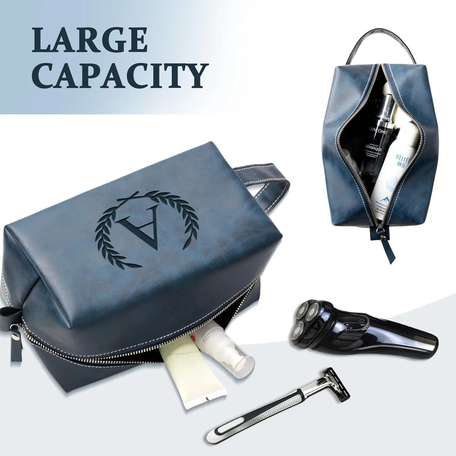 Personalized Gifts Travel Toiletry Bag for Men Engraved Initial PU Leather Waterproof Shaving Bag for Toiletries Accessories Fathers Day Birthday Gift for Men Dad Husband Son, Dark Blue J