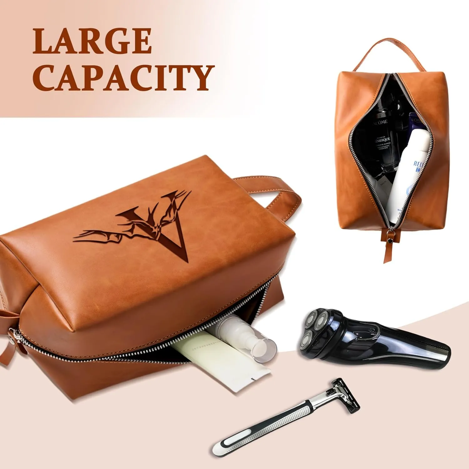 Personalized Gifts Travel Toiletry Bag for Men Engraved Initial PU Leather Waterproof Shaving Bag for Toiletries Accessories Fathers Day Birthday Gift for Men Dad Husband Son, Light Brown S