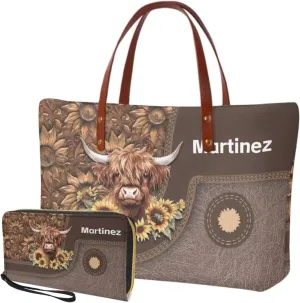Personalized Handbag with Leather Wallet Set for Women, Custom Name Purse Set Large Top Handle Purse with Wallet