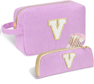 Personalized Initial Cute Makeup Bag Purple Cosmetic Bag Travel Toiletry Bag, Trendy Stuff Mother's Day Birthday/Graduation Gifts for Women Girls Mom Girlfriend Wife Makeup Organizer Case - V