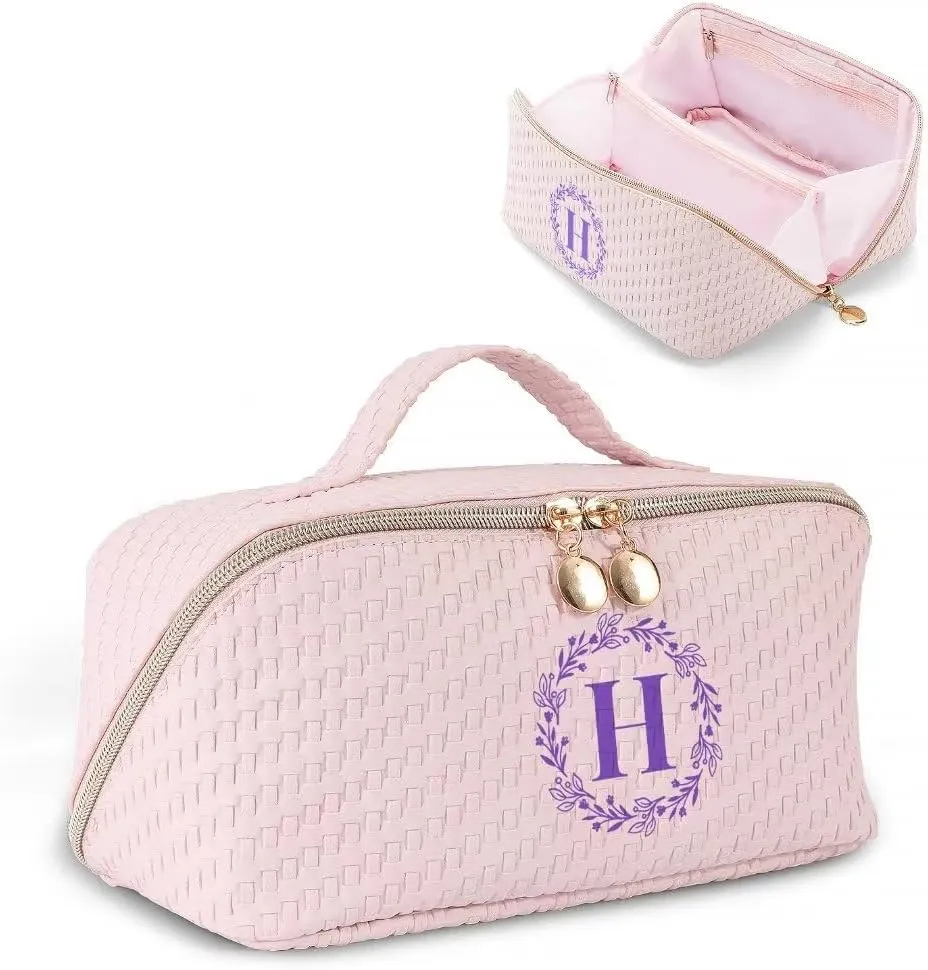Personalized Initial Makeup Bag for Women Letter Cosmetic Bag Large Capacity Travel Toiletry Bag Cute Pink Make Up Bag PU Leather Toiletry Pouch Birthday Gifts for Women Mom Bridesmaid- H