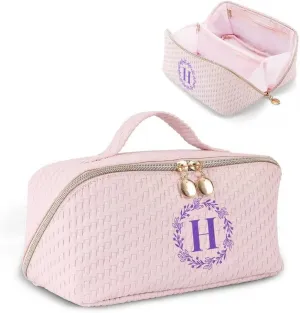 Personalized Initial Makeup Bag for Women Letter Cosmetic Bag Large Capacity Travel Toiletry Bag Cute Pink Make Up Bag PU Leather Toiletry Pouch Birthday Gifts for Women Mom Bridesmaid- H
