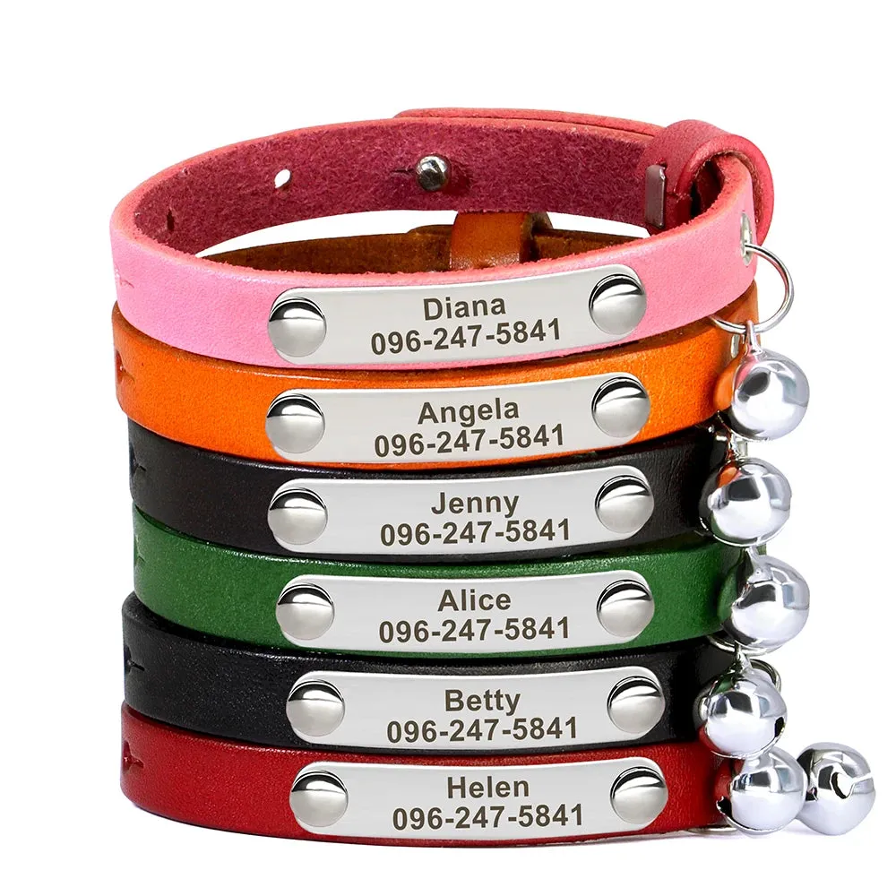 Personalized Leather Cat Collar with Bell & Name Tag