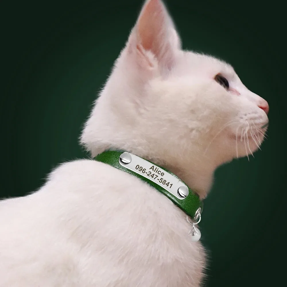 Personalized Leather Cat Collar with Bell & Name Tag