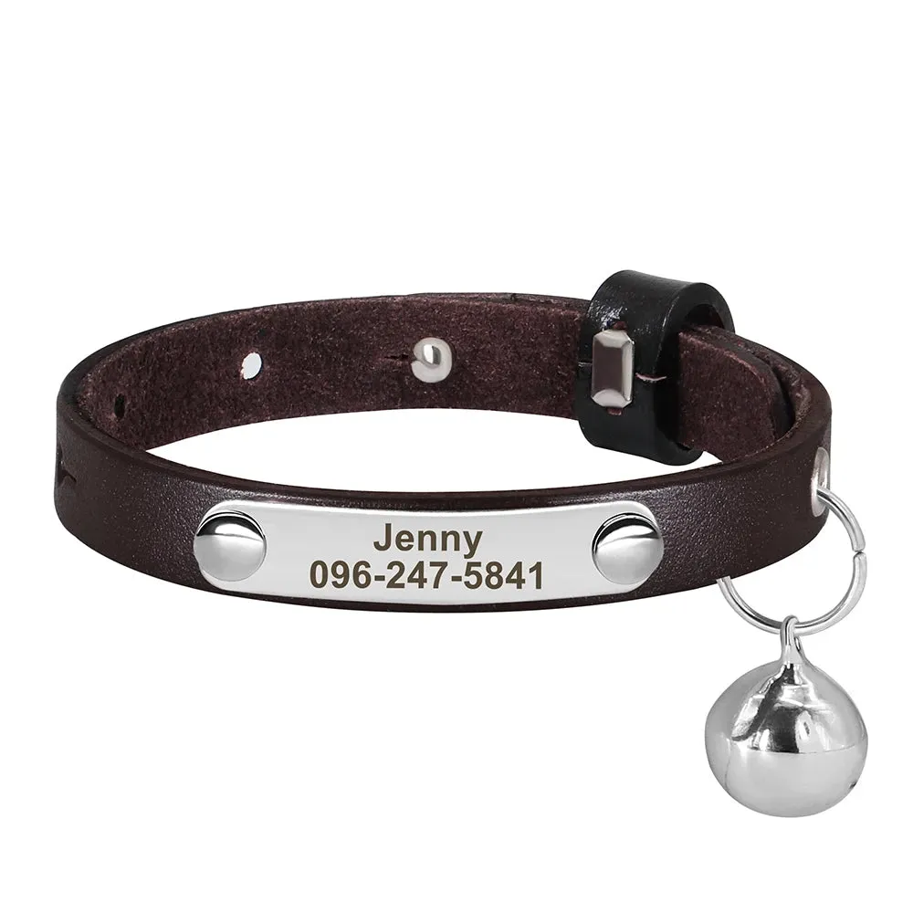 Personalized Leather Cat Collar with Bell & Name Tag