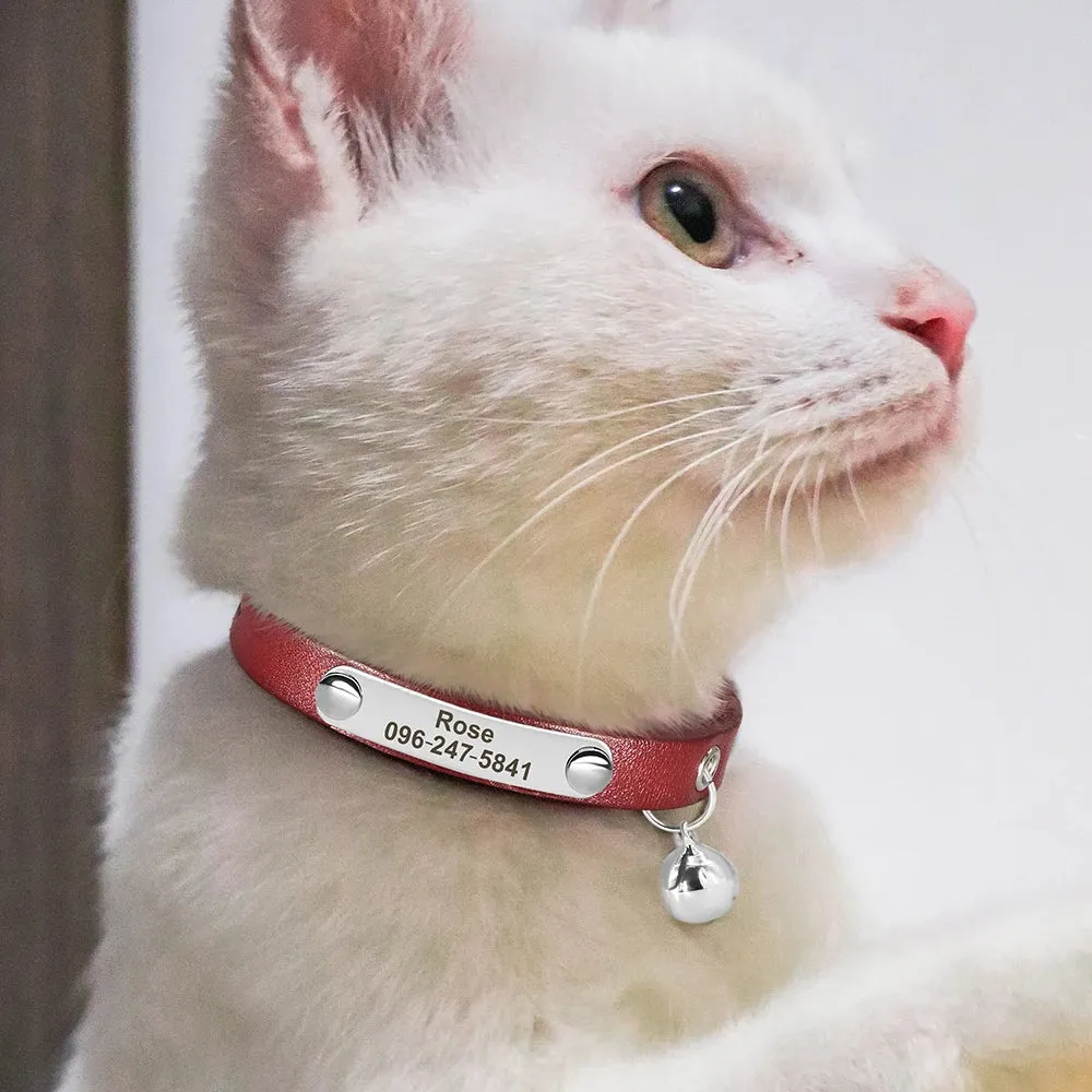 Personalized Leather Cat Collar with Bell & Name Tag