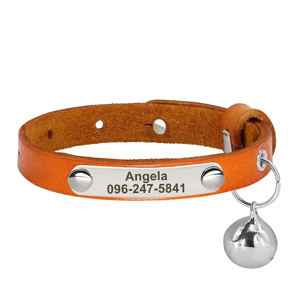 Personalized Leather Cat Collar with Bell & Name Tag
