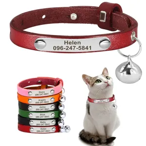 Personalized Leather Cat Collar with Bell & Name Tag