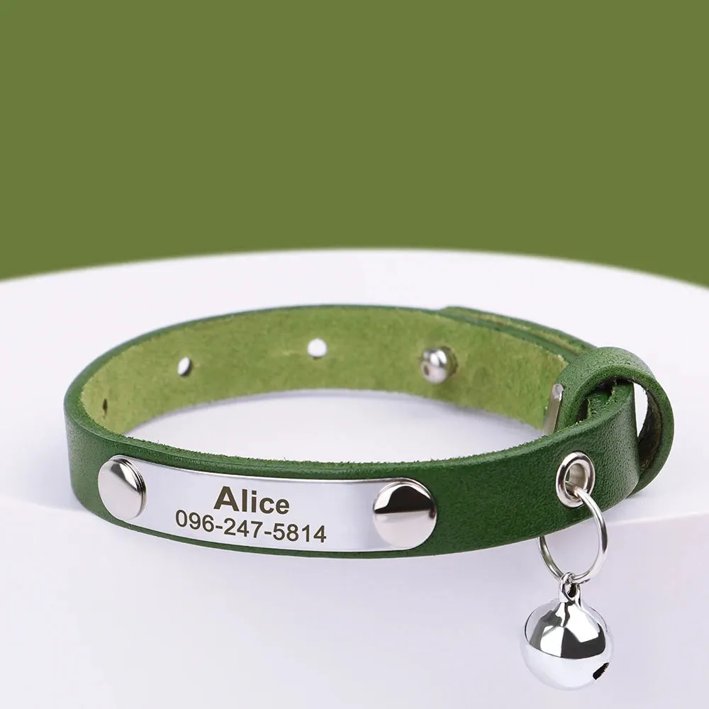 Personalized Leather Cat Collar with Bell & Name Tag
