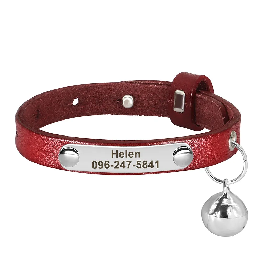 Personalized Leather Cat Collar with Bell & Name Tag