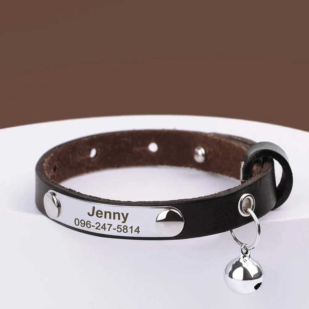 Personalized Leather Cat Collar with Bell & Name Tag