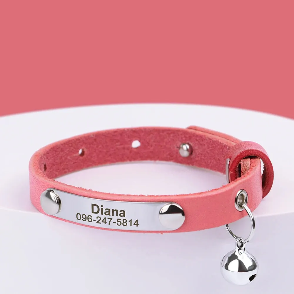 Personalized Leather Cat Collar with Bell & Name Tag