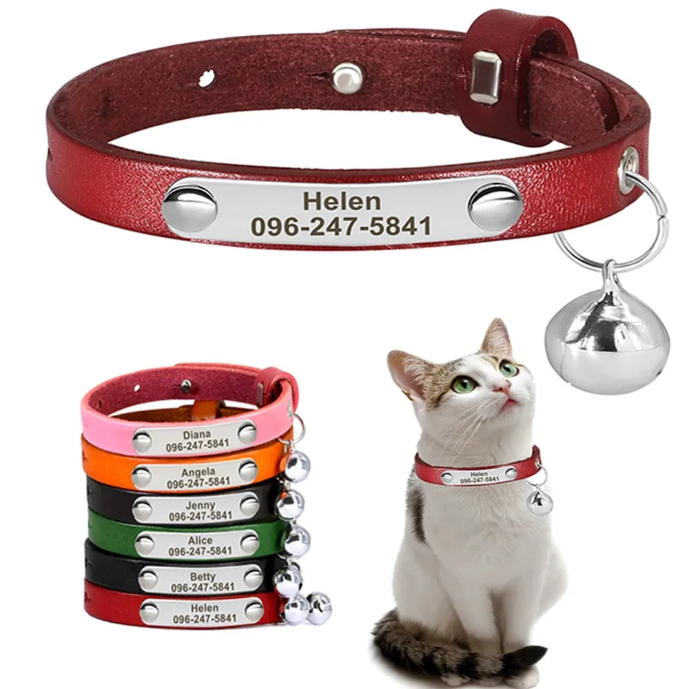 Personalized Leather Cat Collar with Bell & Name Tag