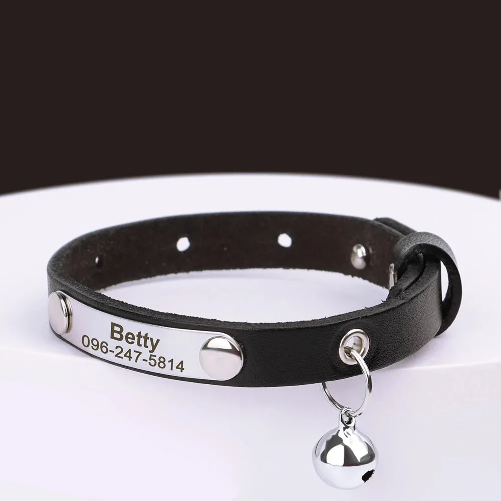Personalized Leather Cat Collar with Bell & Name Tag