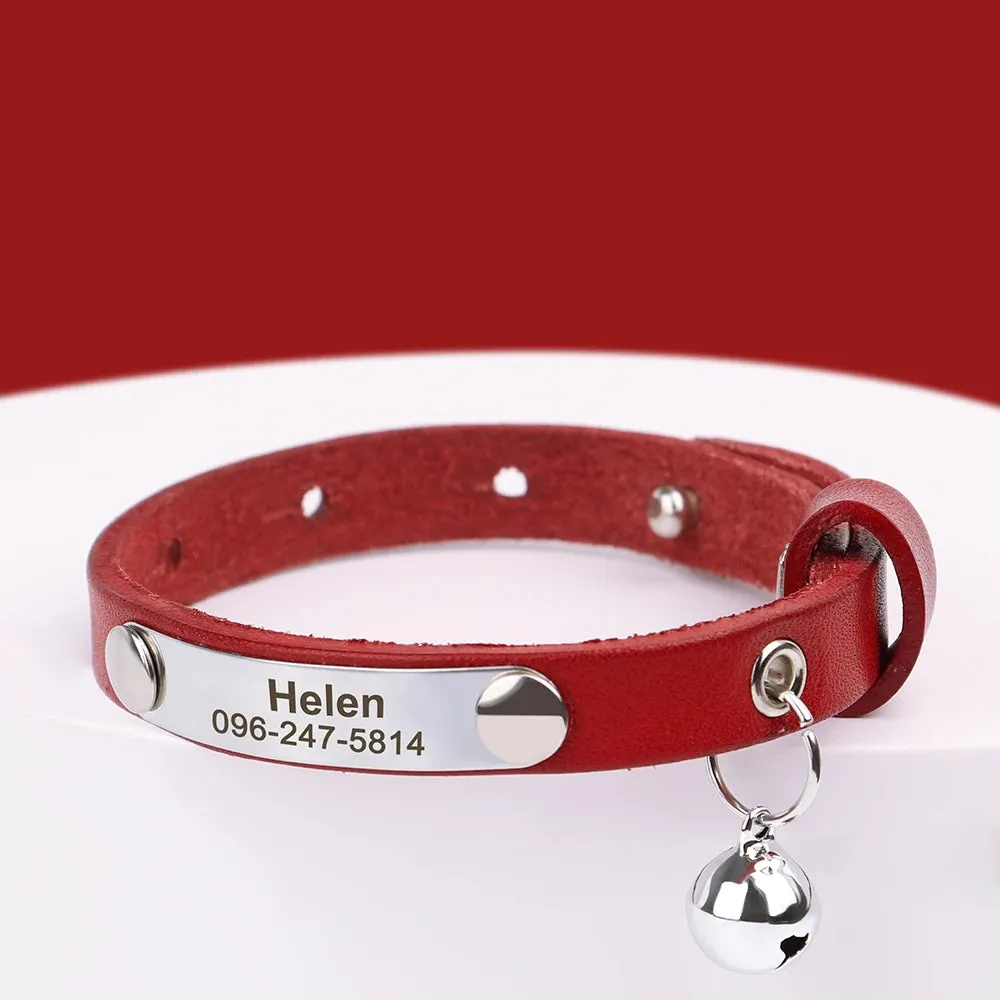 Personalized Leather Cat Collar with Bell & Name Tag