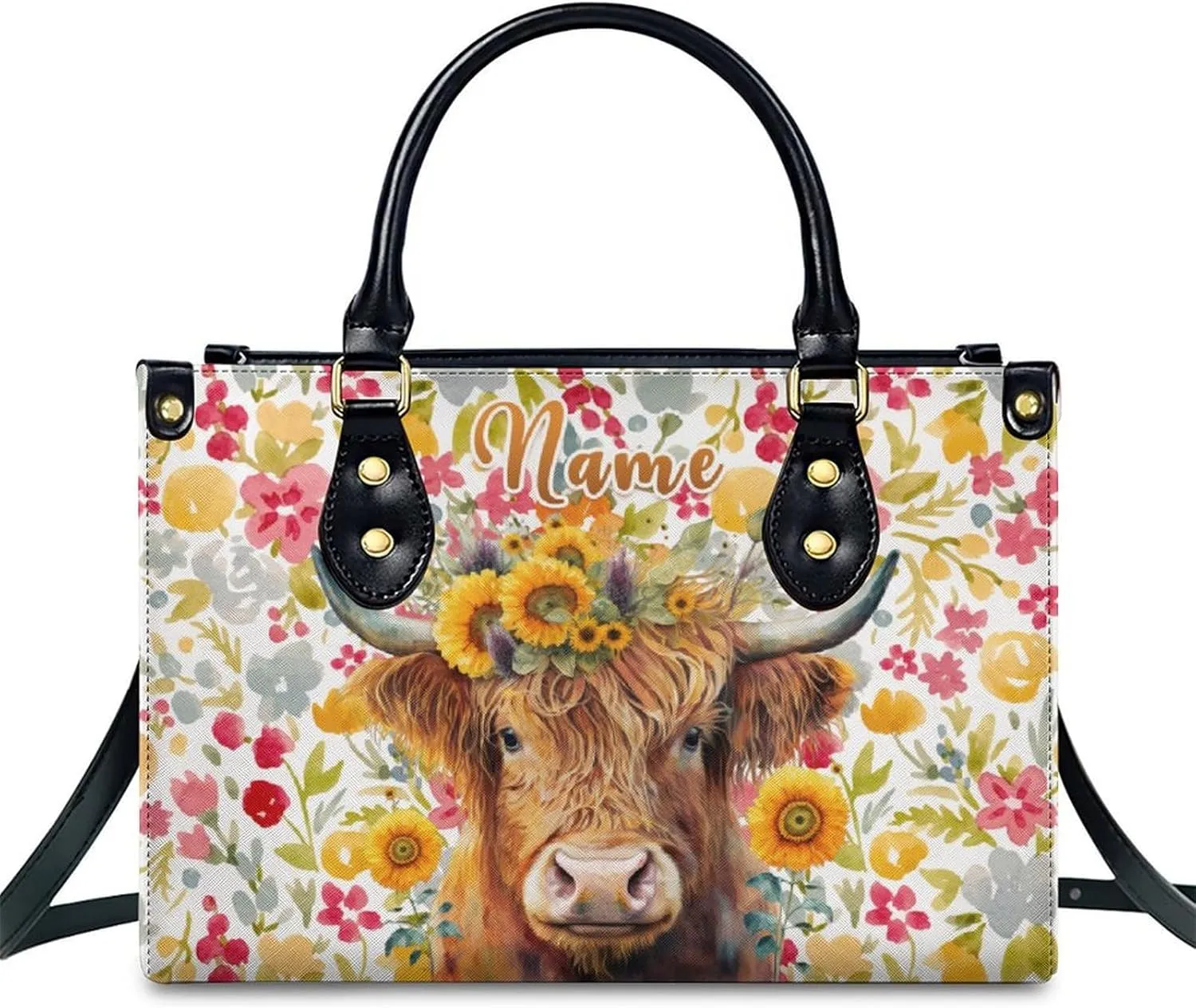 Personalized Leather Handbag for Women, Highland Cow Tote Bag, Casual Sunflower Crossbody Top-Handle Bag, Gifts for Women