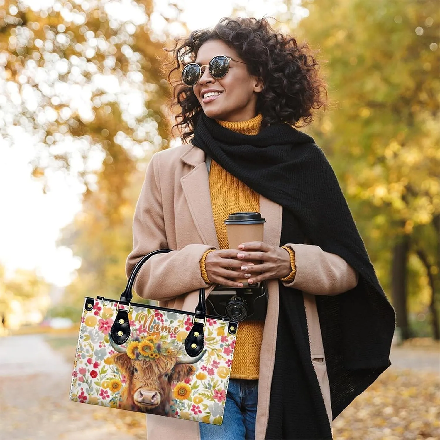 Personalized Leather Handbag for Women, Highland Cow Tote Bag, Casual Sunflower Crossbody Top-Handle Bag, Gifts for Women
