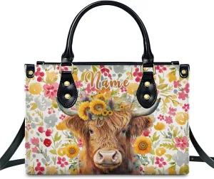 Personalized Leather Handbag for Women, Highland Cow Tote Bag, Casual Sunflower Crossbody Top-Handle Bag, Gifts for Women
